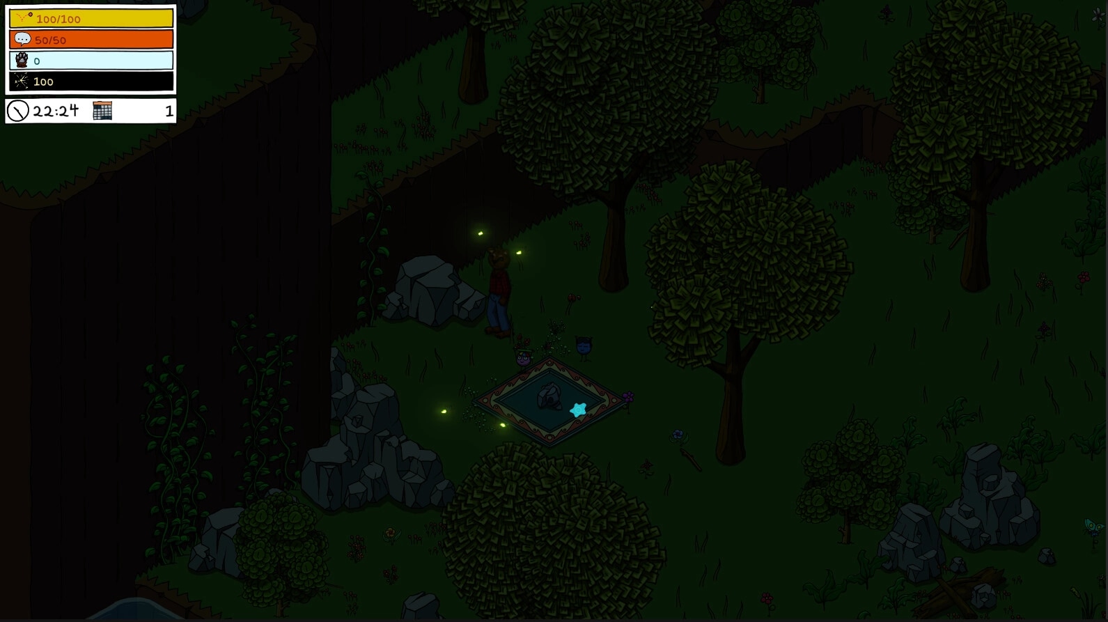 A look into...: Character exploring a forest at night with glowing fireflies and a mystical pond nearby.