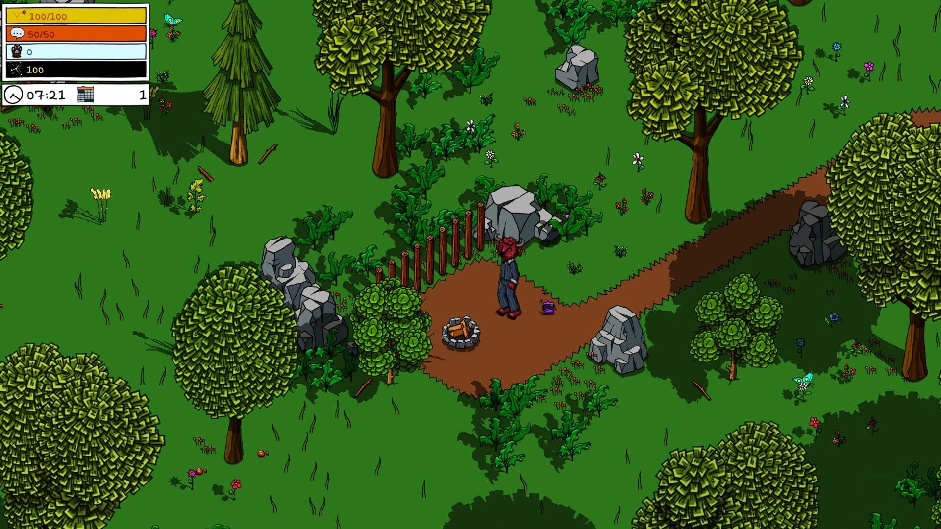 A look into...: Character explores forest path with UI showing health, energy, and time in corner