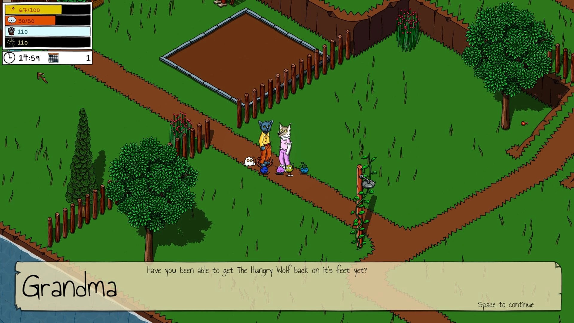 A look into...: Two characters converse with a dialogue box in a fenced garden area, UI shows stats.