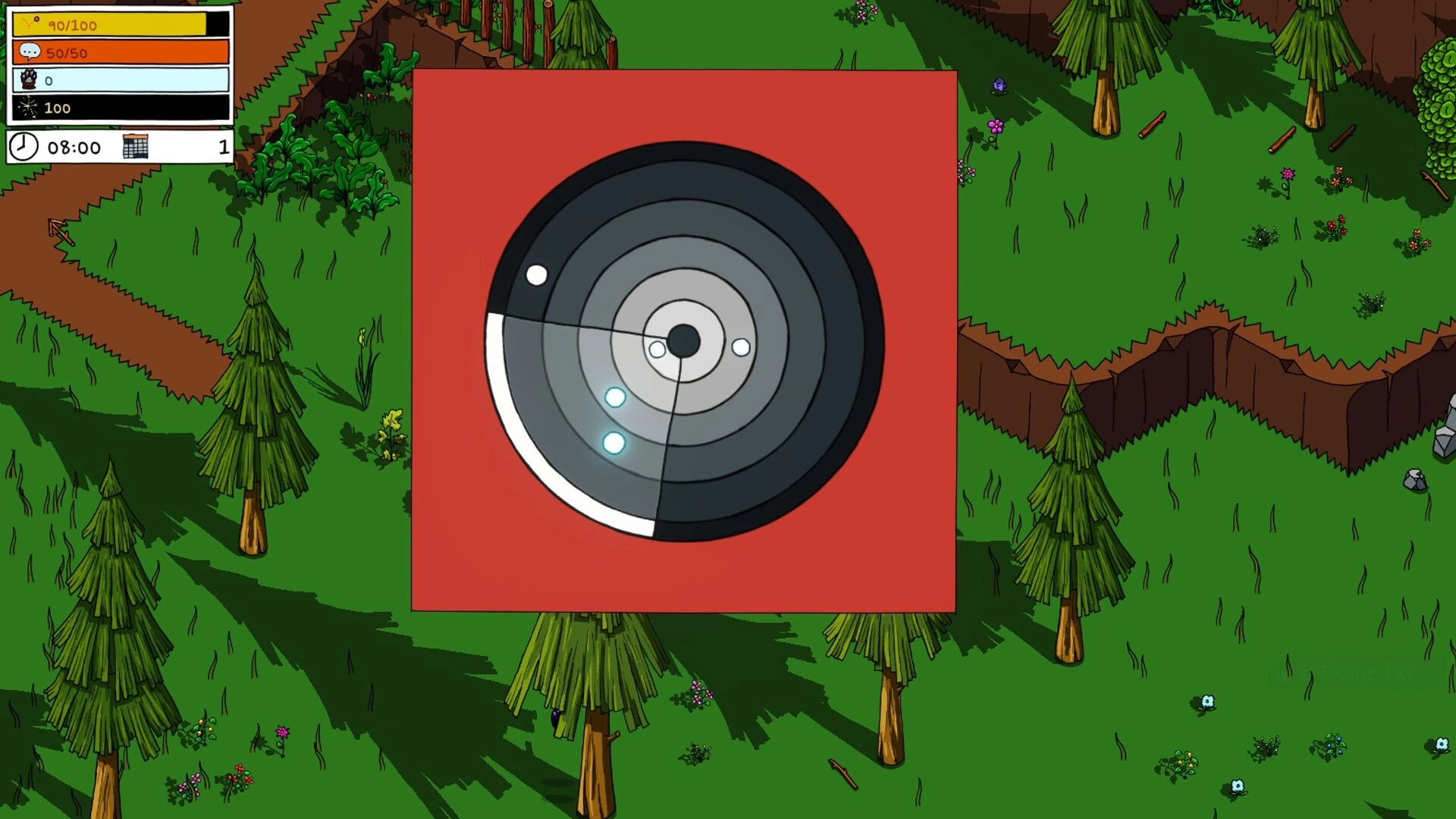 A look into...: Radar interface with health bars over a lush forest landscape and trees visible