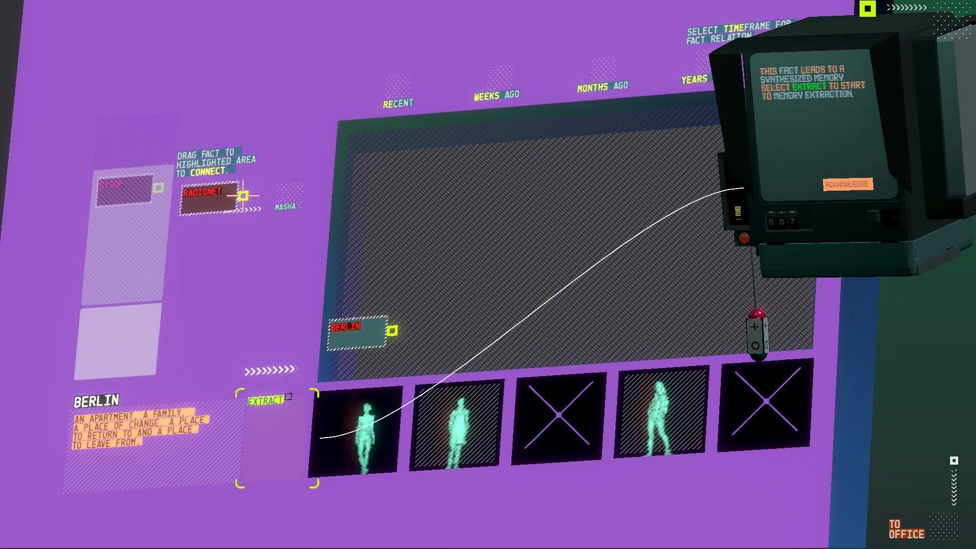 a permanent echo: fact-connection board linking Radionet and Berlin, with Extract memory timeline UI on purple screen.