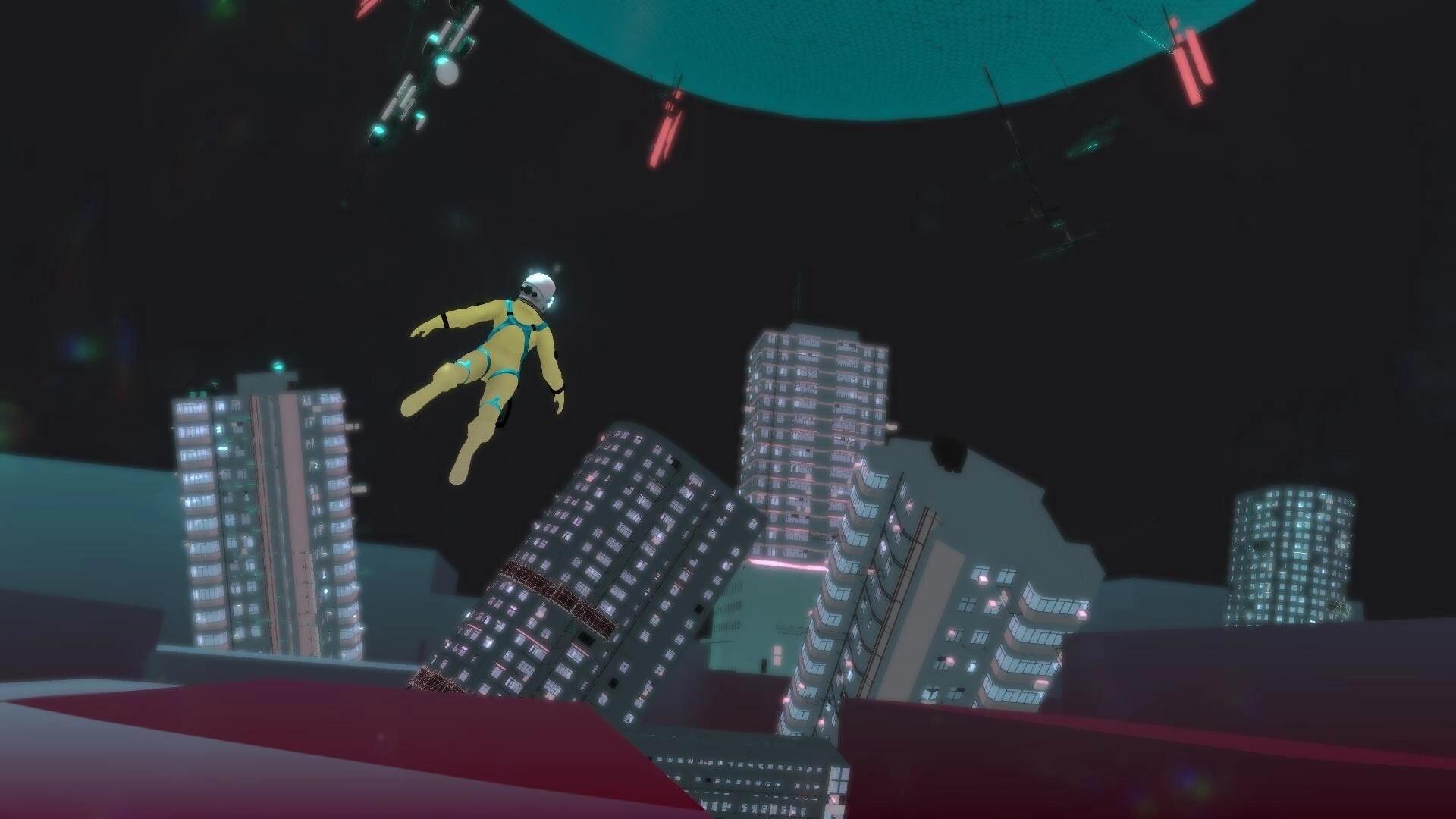 a permanent echo: astronaut in yellow suit drifting above tilted neon apartment towers at night.