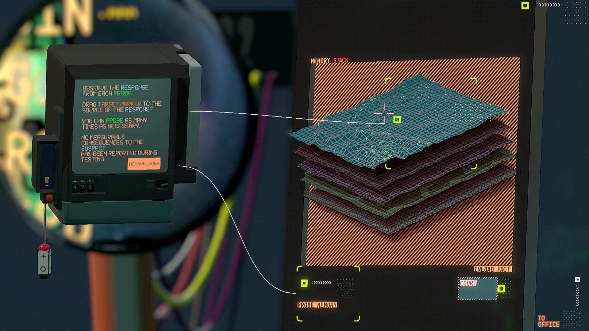 a permanent echo: memory stack probe UI with layered map grid and response instructions on terminals.