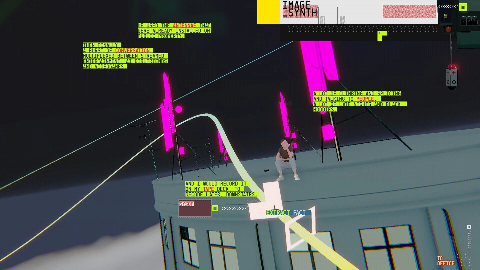 a permanent echo: extracting a fact from highlighted dialogue on a rooftop with neon antennas and seated figure.