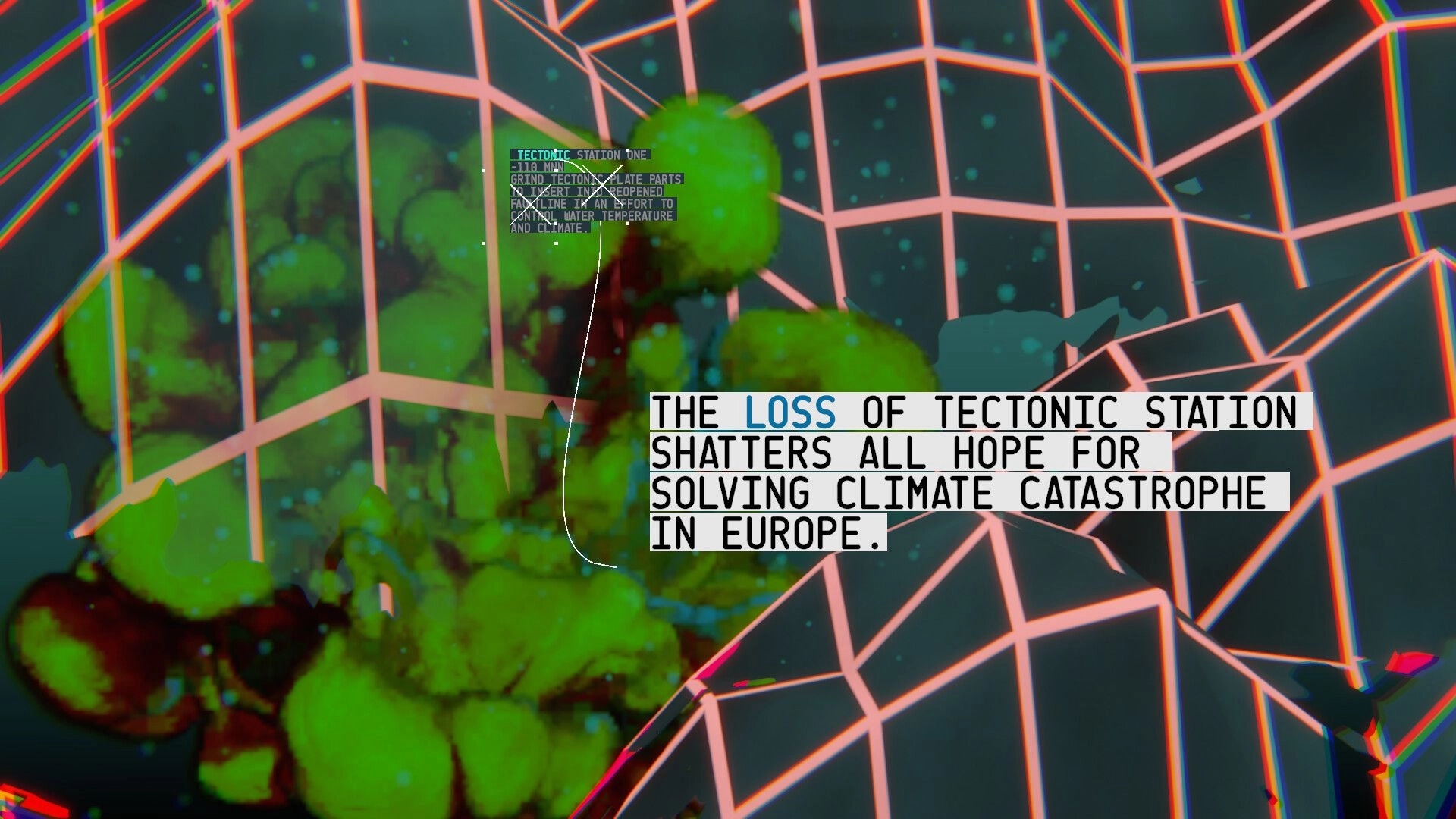 a permanent echo: highlighted news text about Tectonic Station loss over neon grid map and green clouds.