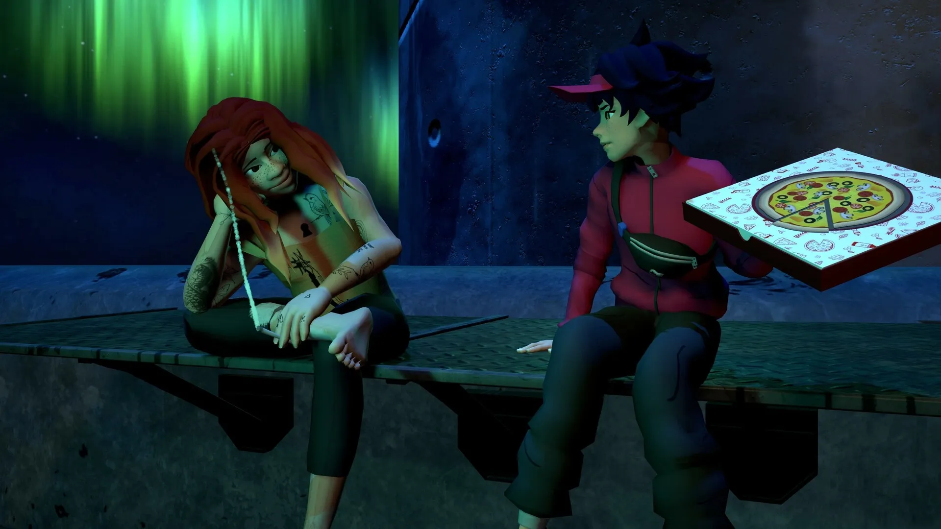A Pizza Delivery: Two characters sitting on a bench under auroras, one holding a pizza box.