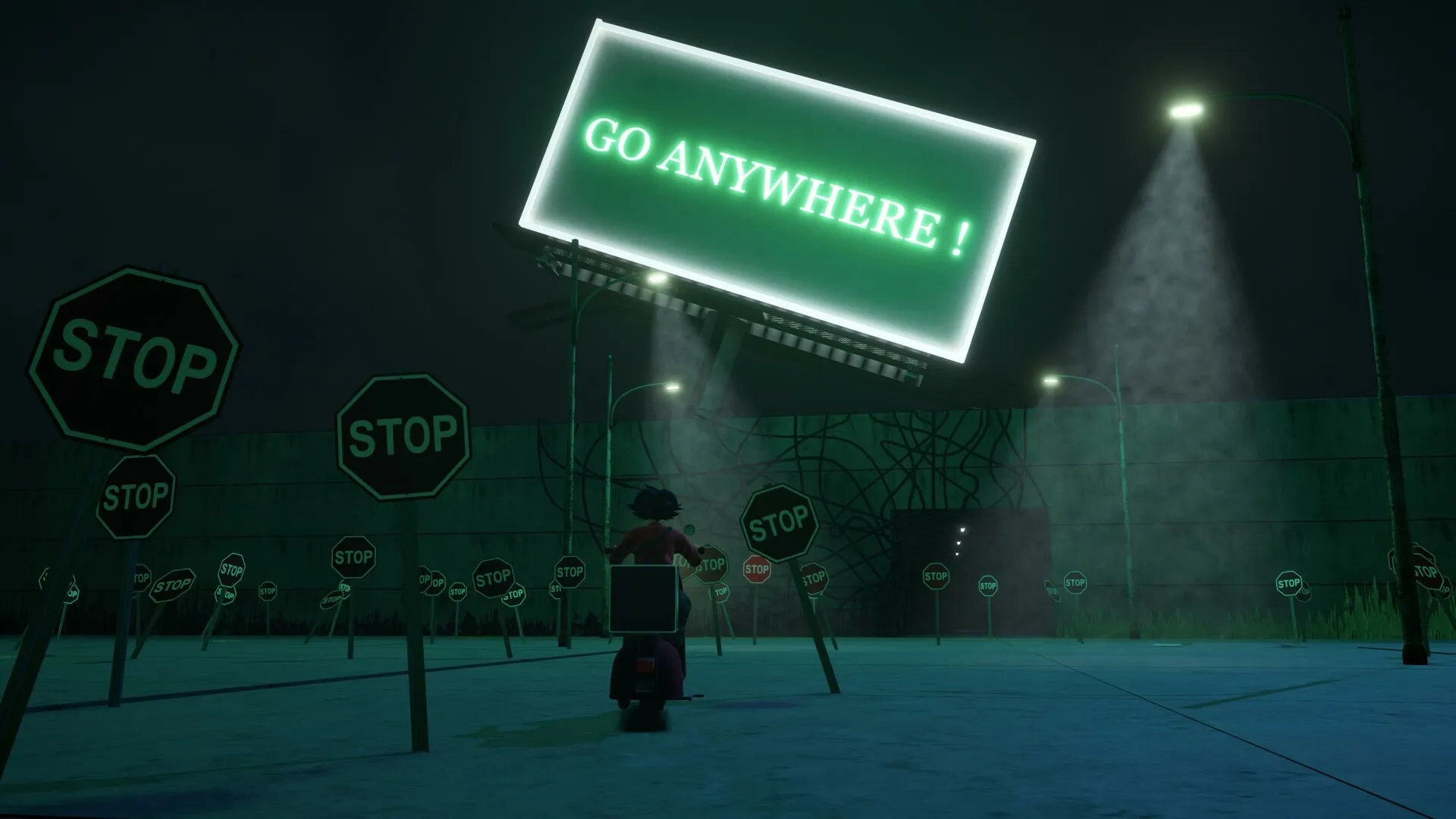 A Pizza Delivery: Rider on scooter navigating through a maze of stop signs under a glowing billboard at night