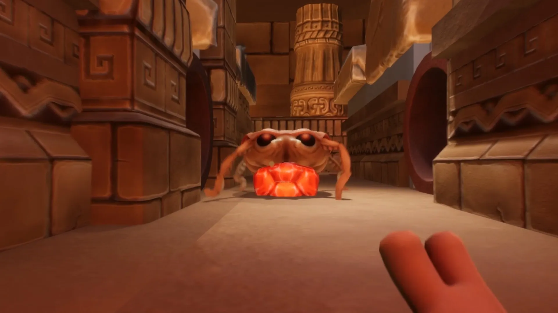 A Rat's Life: Crab enemy guarding a glowing gem in a temple corridor with detailed stone carvings