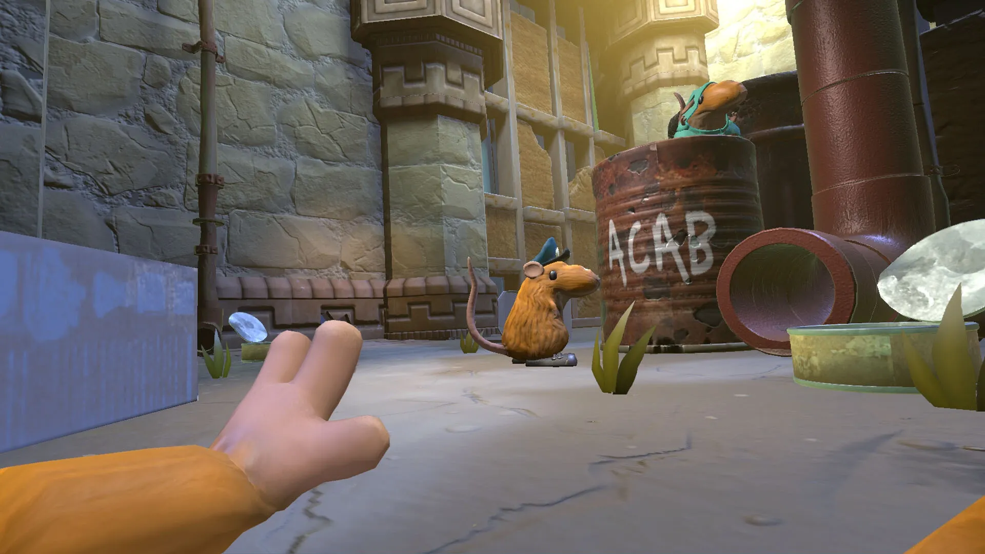 A Rat's Life: Rat in a blue cap near a rusty barrel in a stone-walled alley with pipes and scattered items.