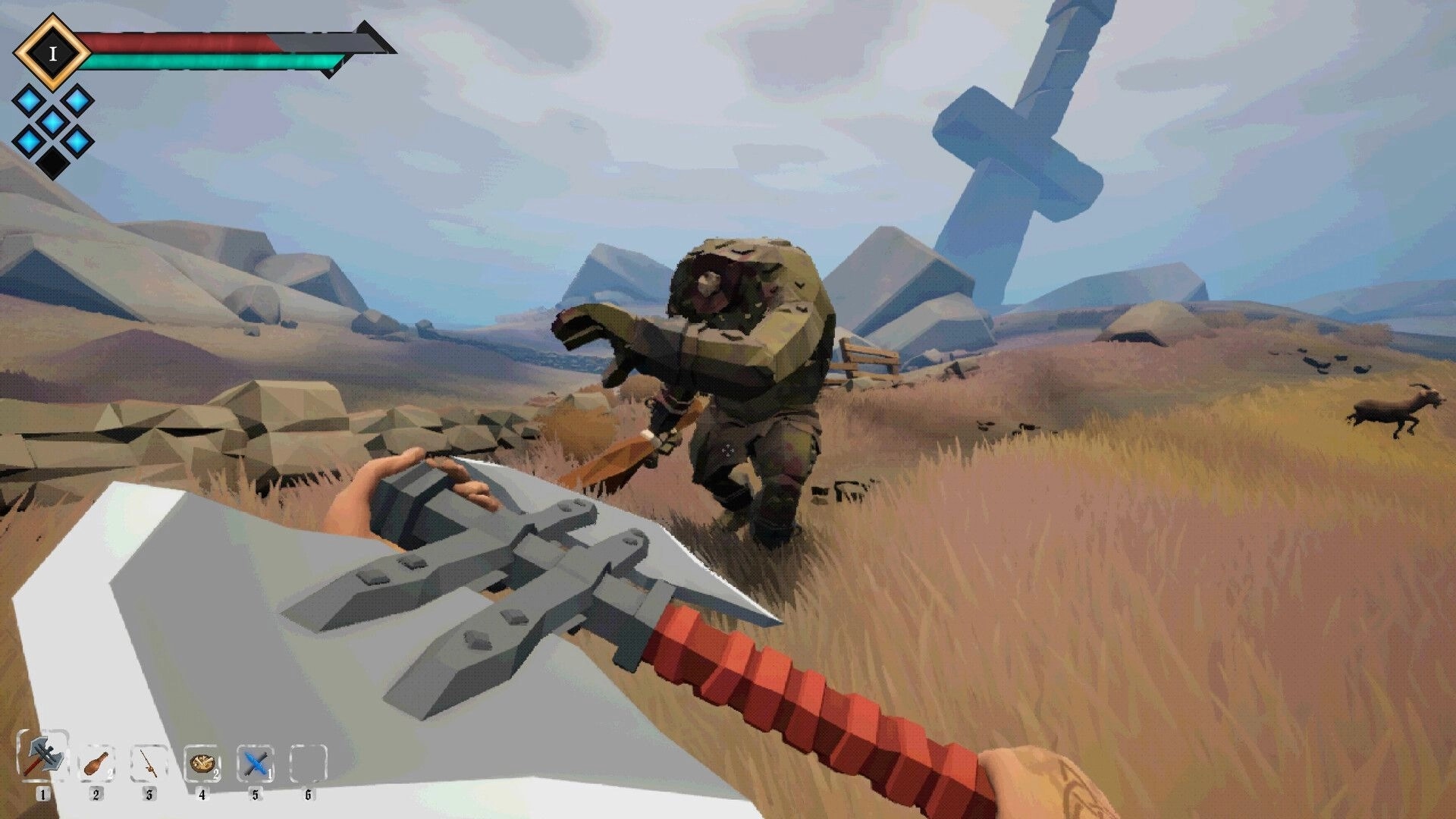 A Short Quest: First-person axe fight with armored brute in grassy hills, health and hotbar UI visible.