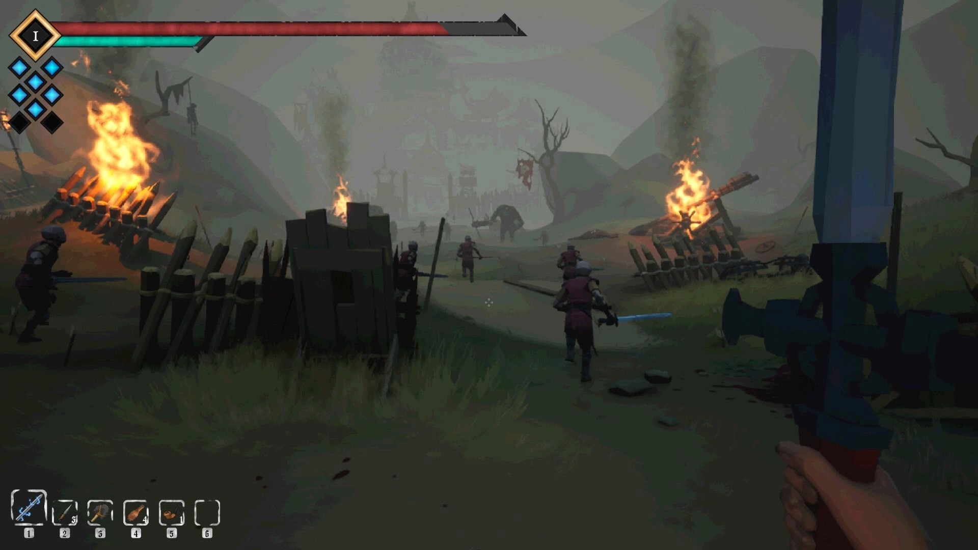 A Short Quest: First-person fighter approaches burning barricades in a foggy battlefield with HUD bars.