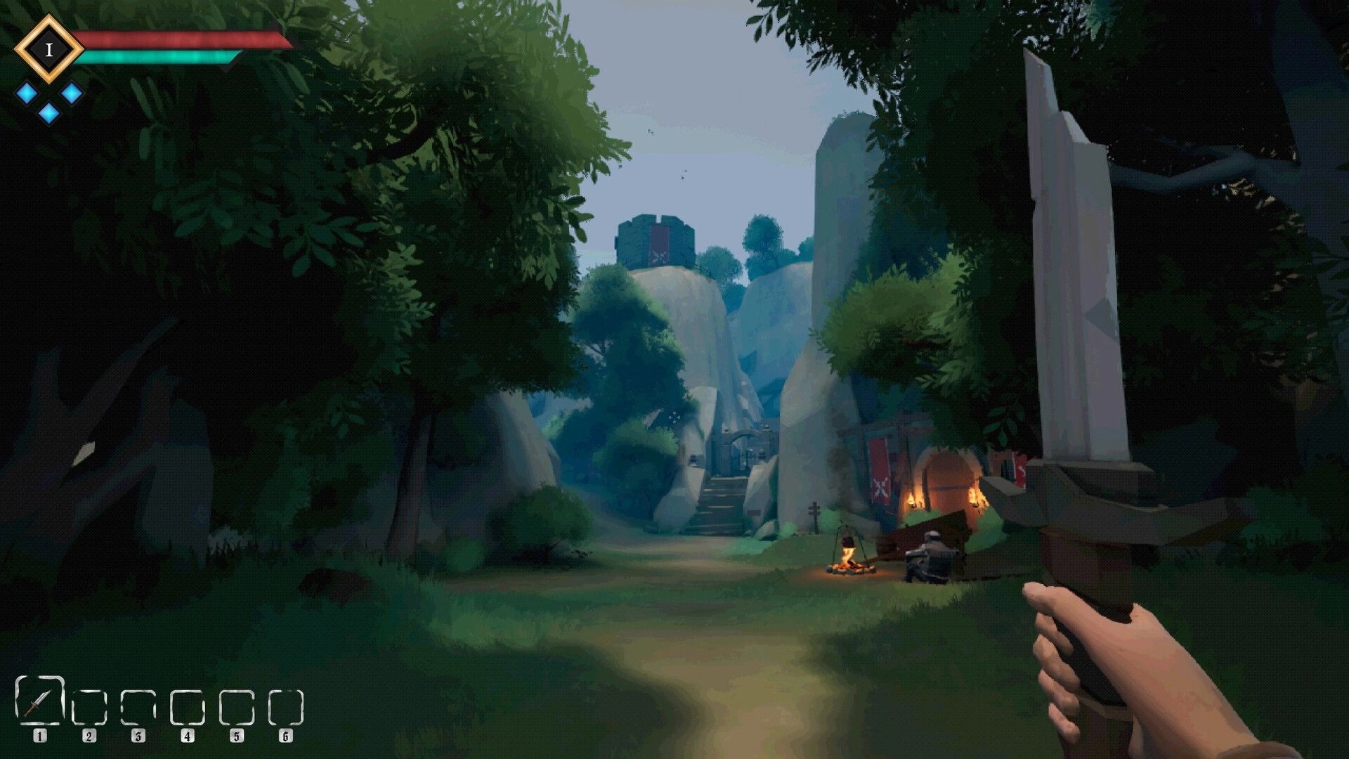 A Short Quest: First-person view holding a sword on a forest path toward a cliffside gate campfire.