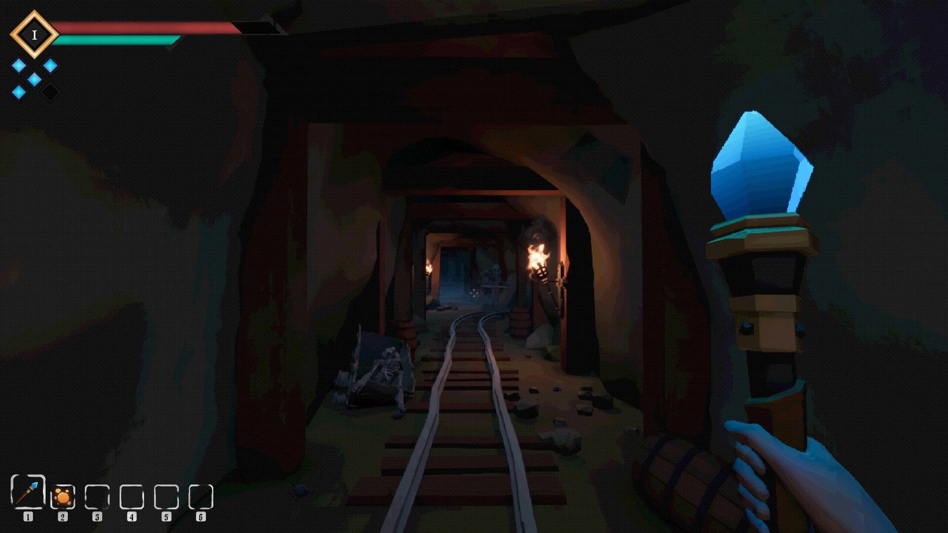 A Short Quest: First-person view holding a crystal staff in a torchlit mine tunnel with rails and HUD.