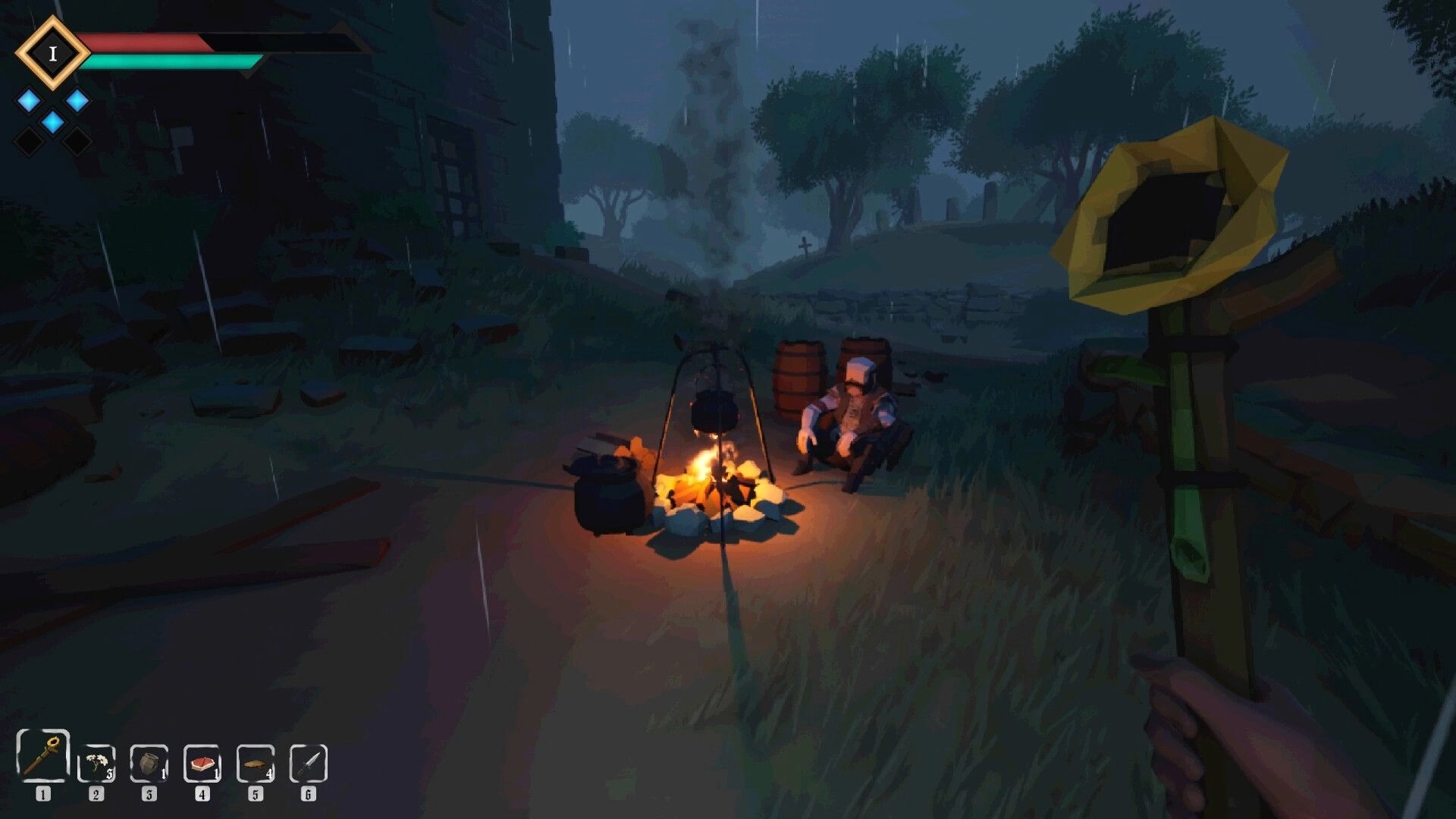 A Short Quest: First-person view by campfire with NPC, rain-soaked ruins, health bar and hotbar UI.
