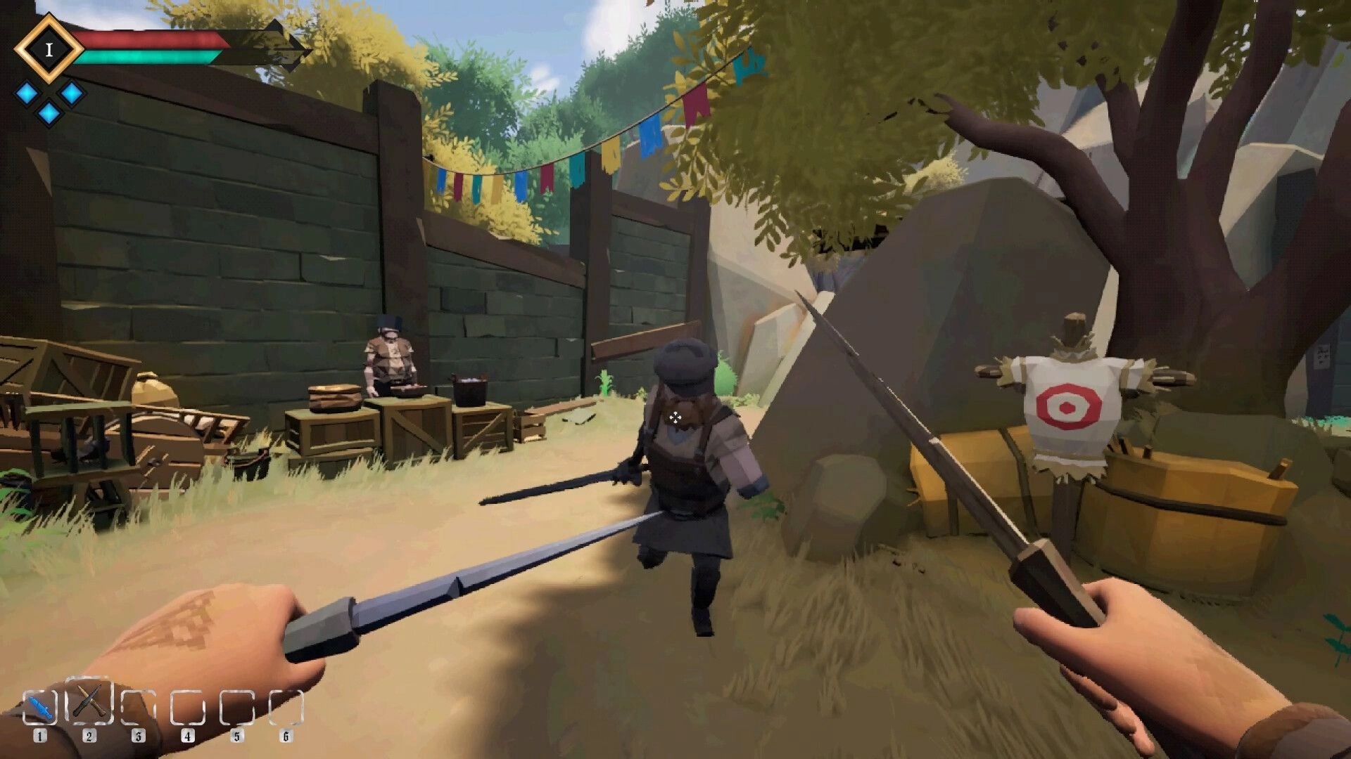 A Short Quest: First-person swordfight with bandit in training yard, HUD bars and hotbar visible.