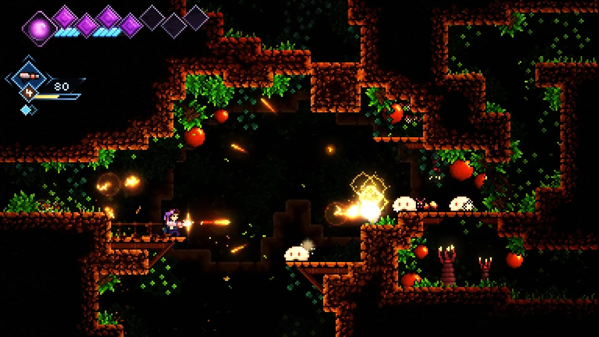 A Sister's Journey: Violet battling enemies in a vibrant underground cavern with lush greenery and fruit.