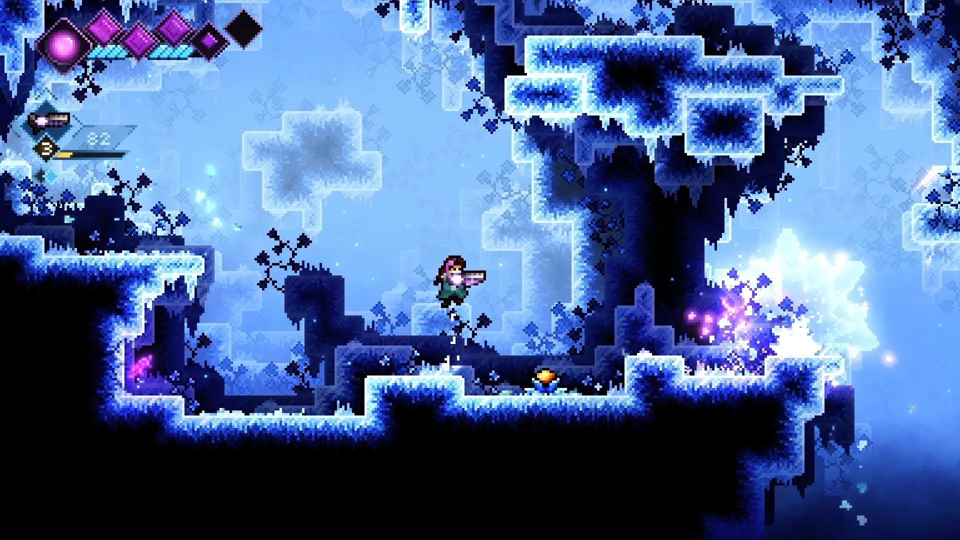 A Sister's Journey: Violet jumping through icy caverns with glowing crystals and enemy indicators visible