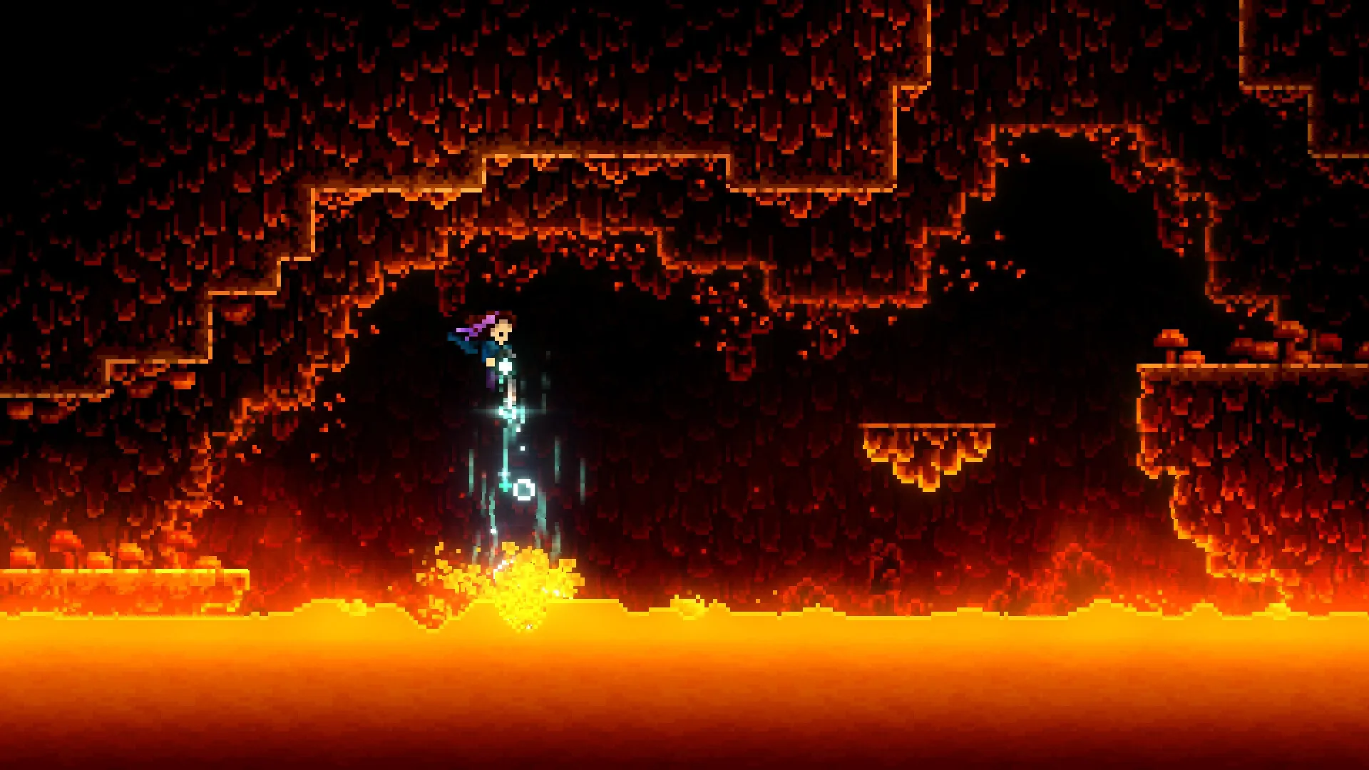 A Sister's Journey: Violet jumping over lava using magic in a fiery cavern environment