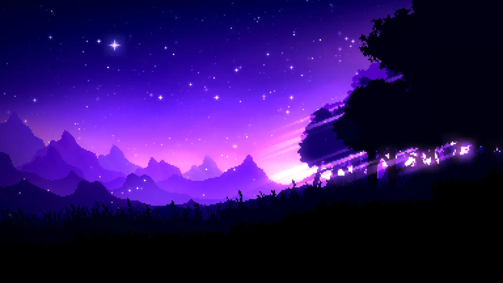 A Sister's Journey: Starry night sky over pixelated mountains and trees in a serene landscape setting