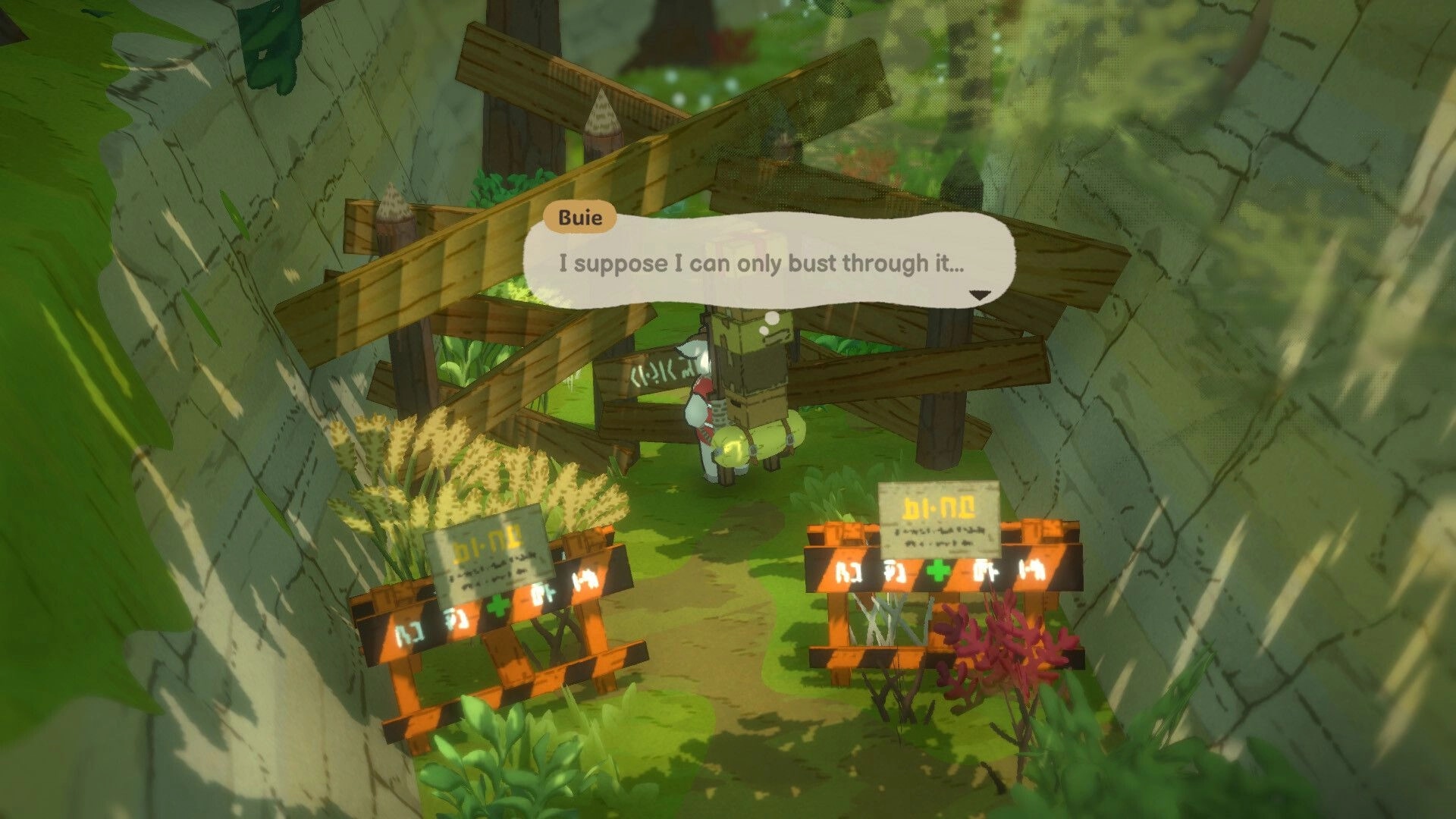 A Tiny Wander: Buie faces a boarded-up gate with dialogue bubble in a sunlit forest ravine path.