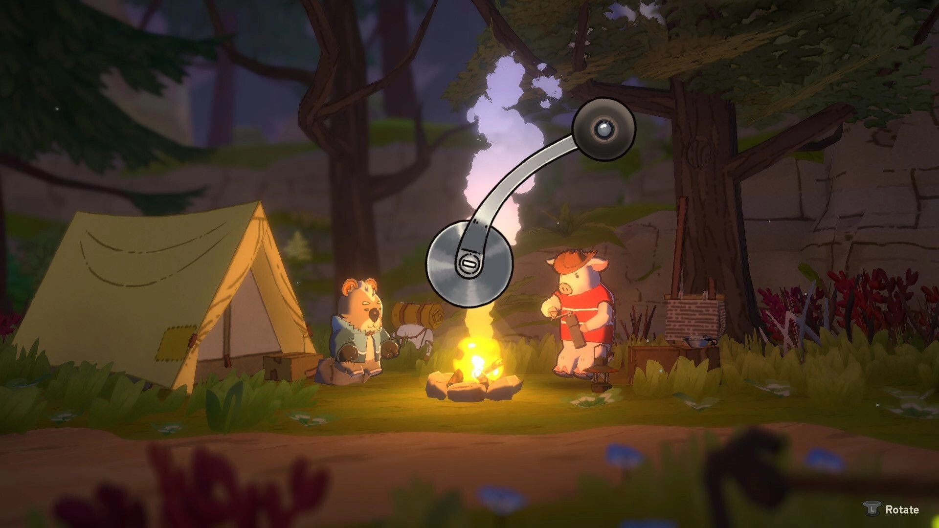A Tiny Wander: Two animal campers by a campfire and tent, with a rotate icon in forest clearing.