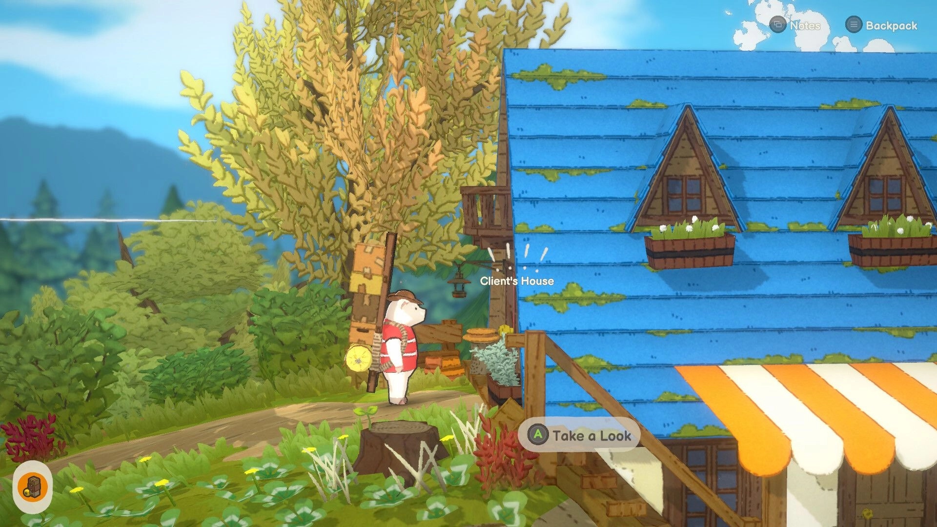 A Tiny Wander: Bear courier pauses by Client's House prompt beside a blue-roof cabin in woods.