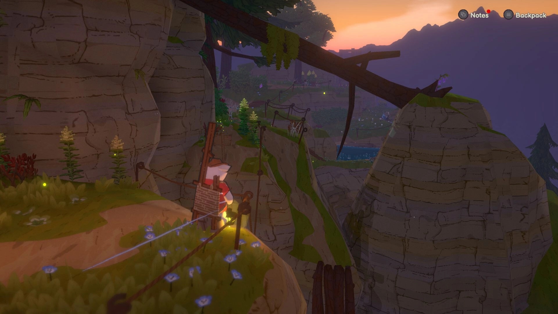 A Tiny Wander: Character climbs a rope bridge between cliffs at sunset, Notes and Backpack UI visible.