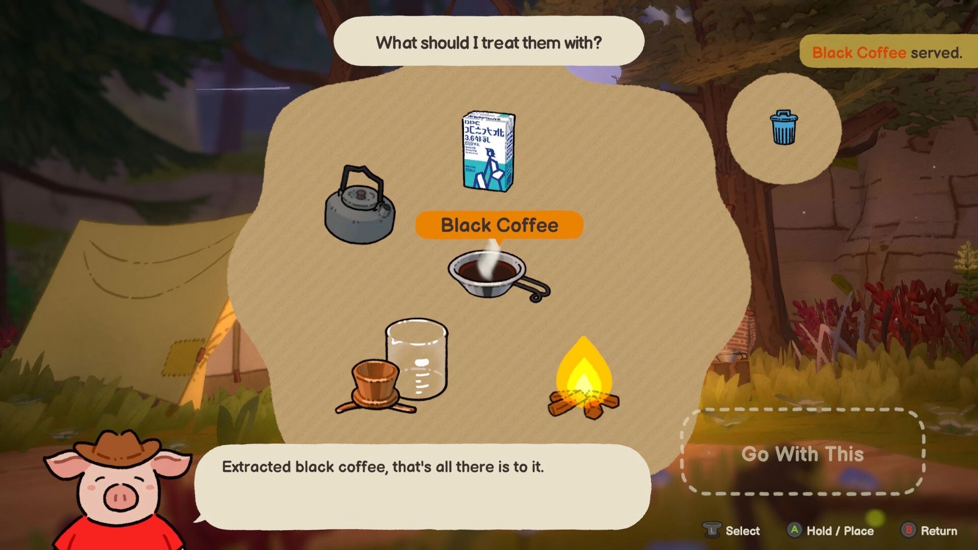 A Tiny Wander: Black Coffee crafting choice menu at campsite, kettle and fire icons, pig NPC dialogue.