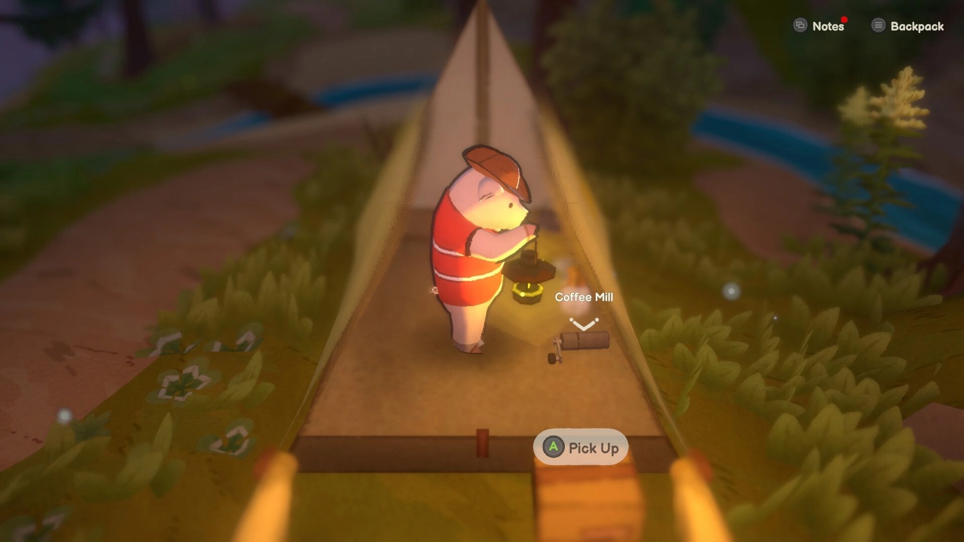 A Tiny Wander: Camper uses a coffee mill inside a tent, with Pick Up prompt and Backpack UI visible.