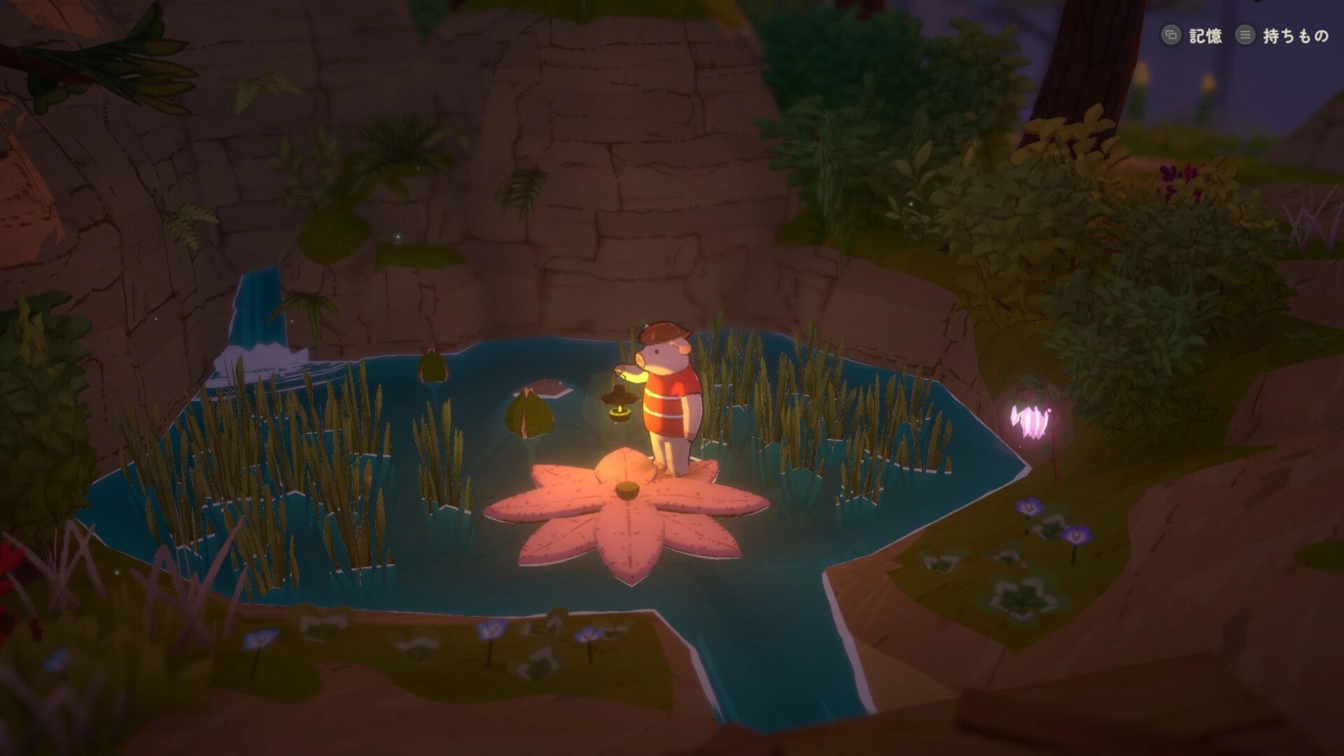 A Tiny Wander: Character holds lantern on a giant flower raft in a pond beside rocky cliffs at dusk.