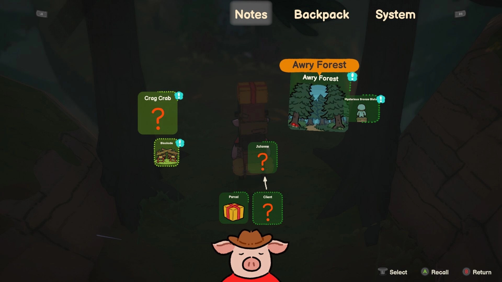A Tiny Wander: Notes map menu with quest nodes for Awry Forest, Parcel, Client, and Julianne.