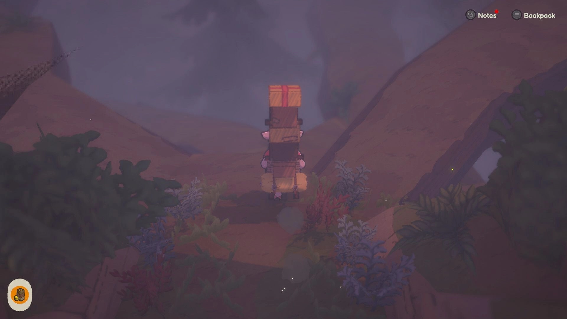 A Tiny Wander: Backpack-laden traveler hiking a misty canyon trail, Notes and Backpack UI icons visible.
