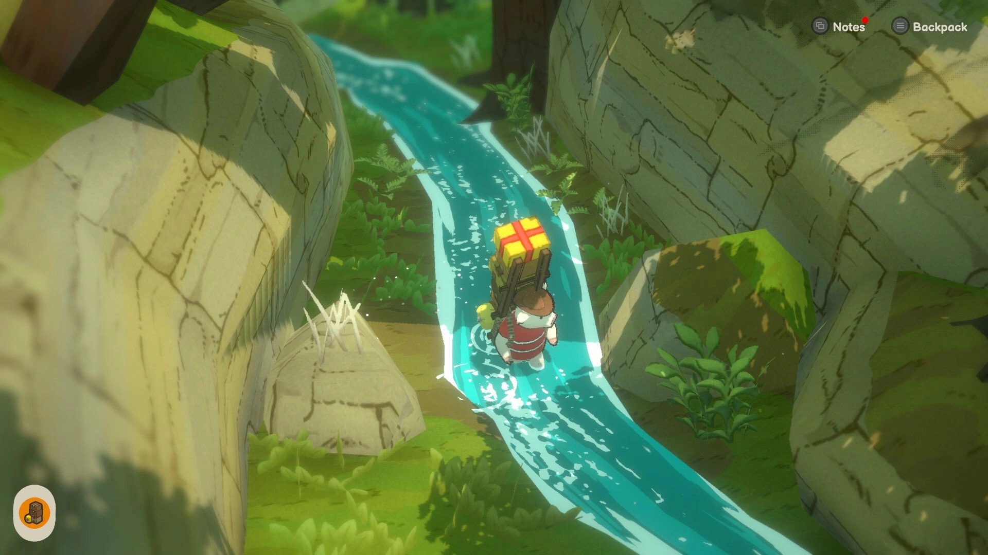 A Tiny Wander: Character wades up a narrow stream between cliffs, Notes and Backpack UI visible.
