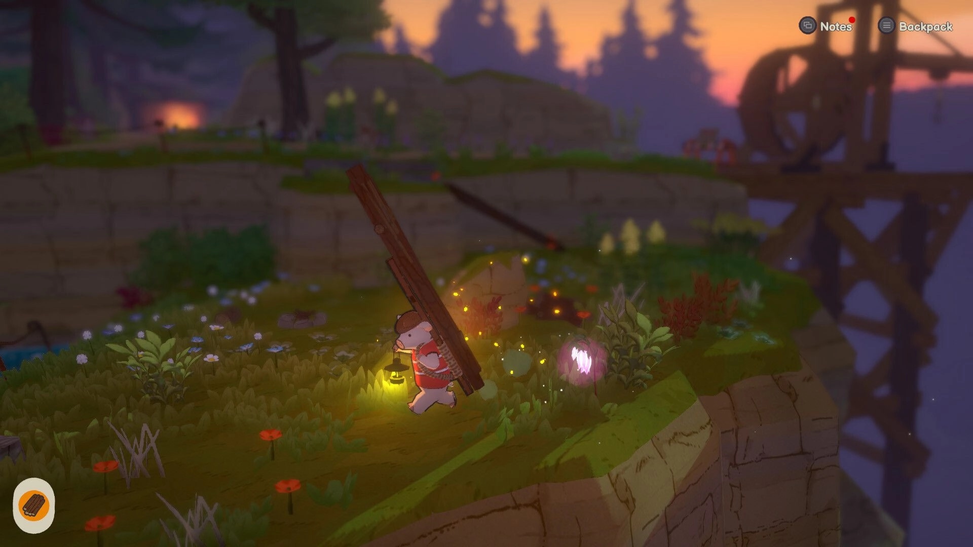 A Tiny Wander: Bear courier carrying planks and lantern through grassy cliffs by a waterwheel at dusk.