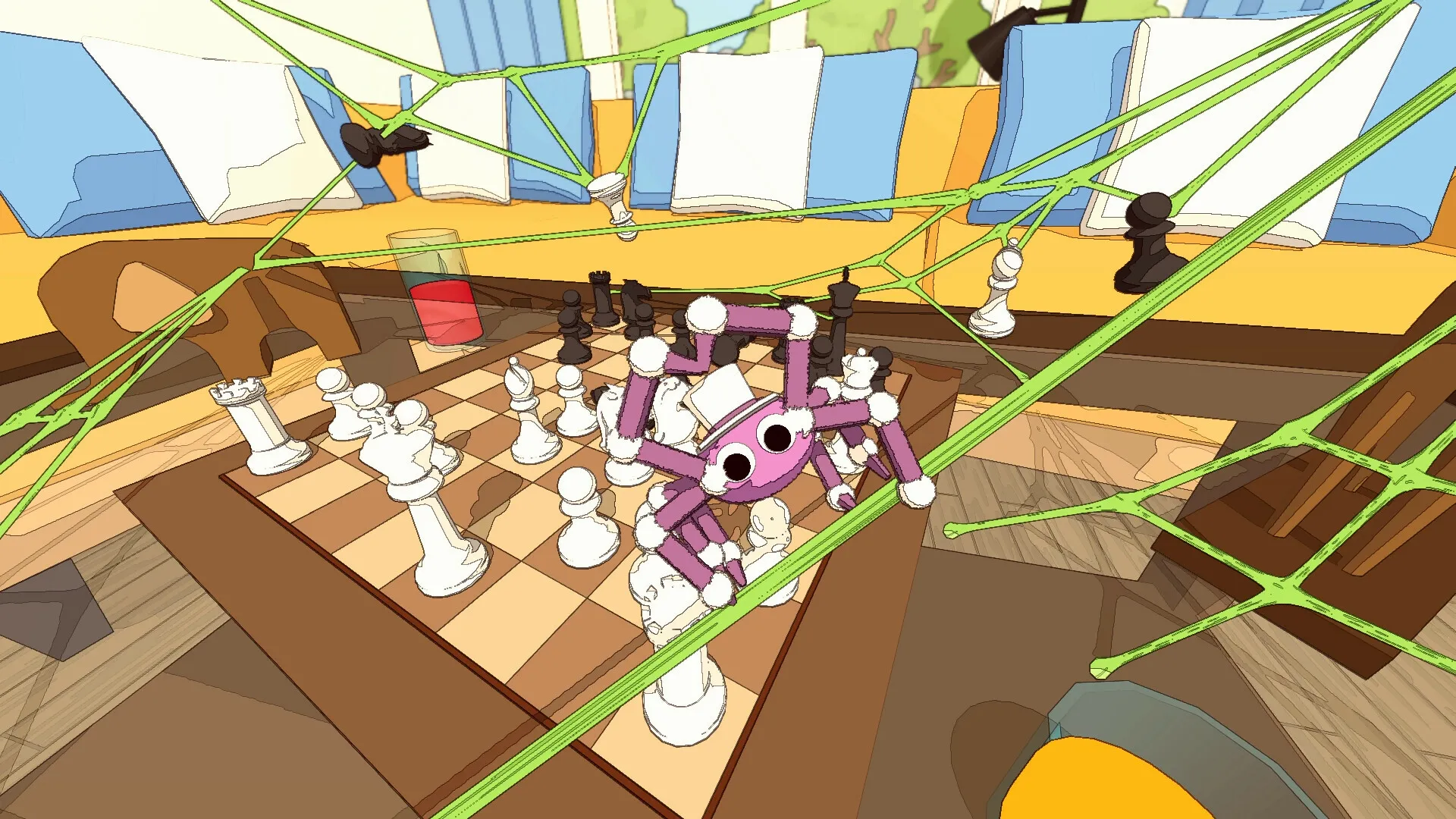 A Webbing Journey: Purple spider swings over chessboard with webs in cozy living room setting