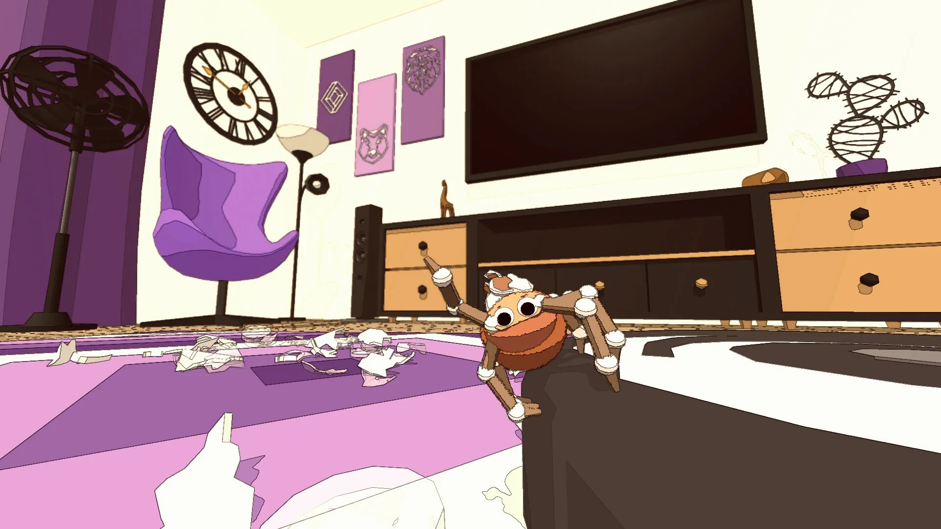 A Webbing Journey: Adorable spider perched on a table edge in a cozy living room with modern decor