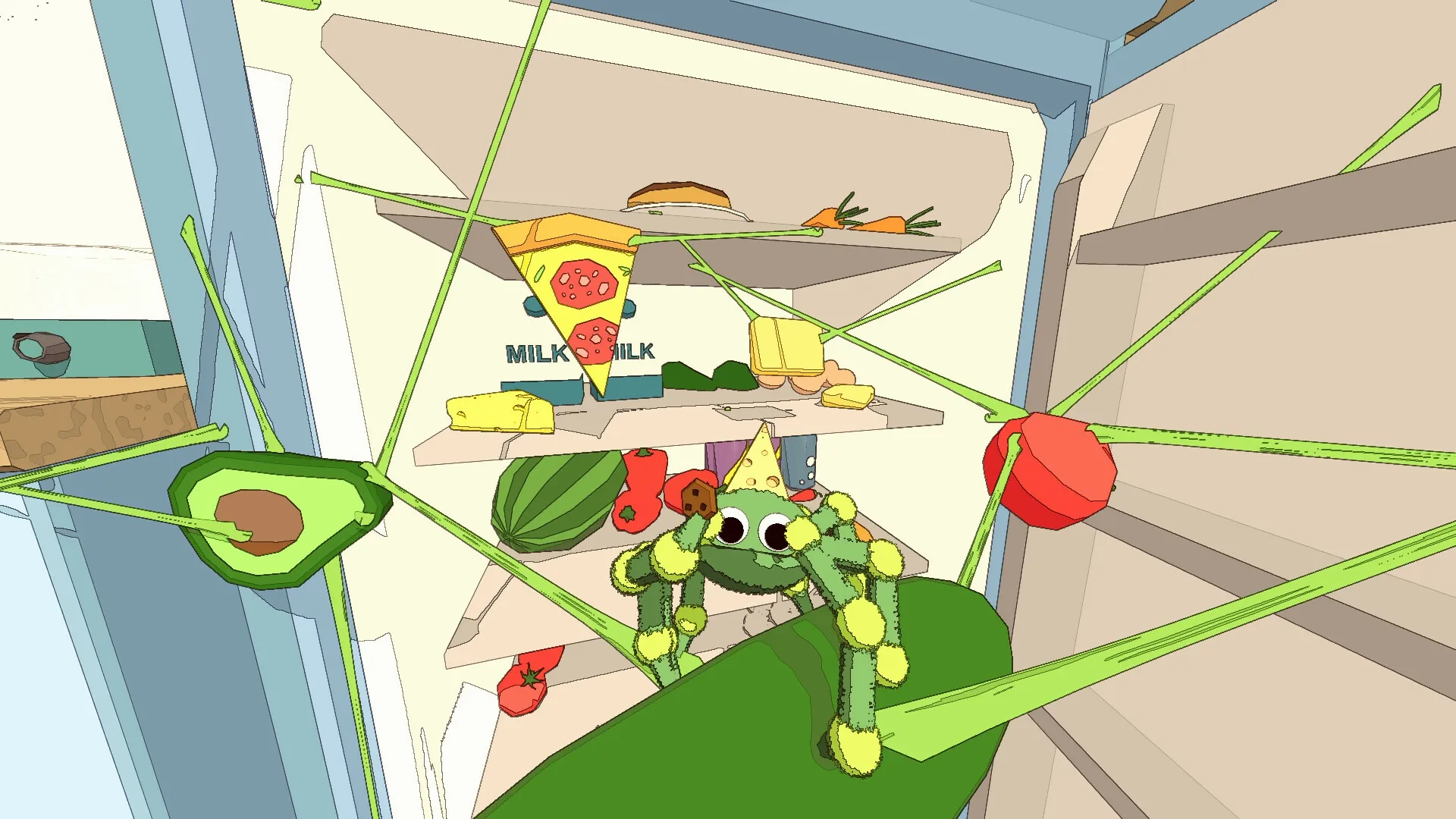A Webbing Journey: Spider in fridge wearing party hat, swinging webs, surrounded by food items