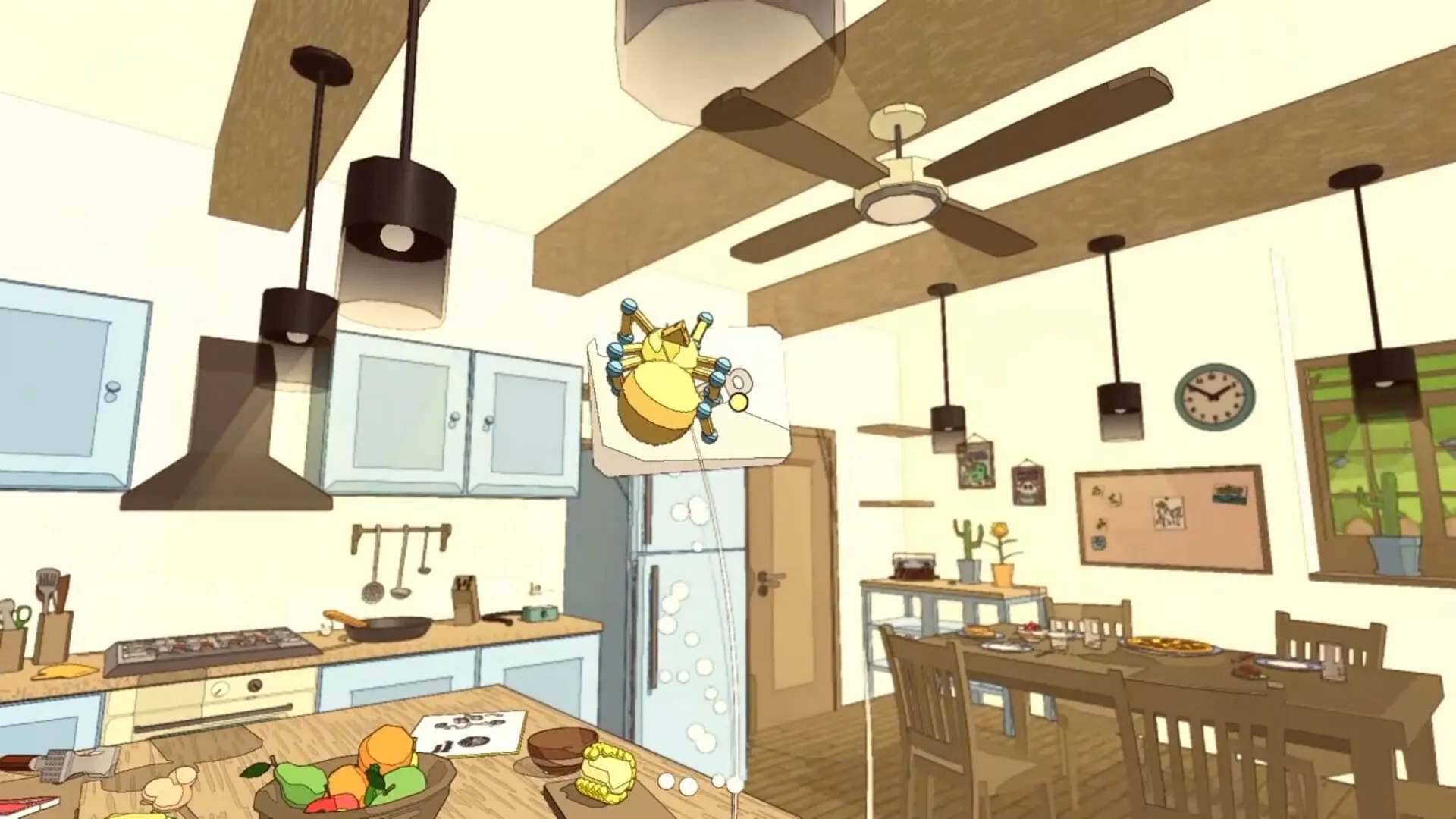 A Webbing Journey: Spider swings from ceiling fan in a cozy kitchen filled with hanging lights