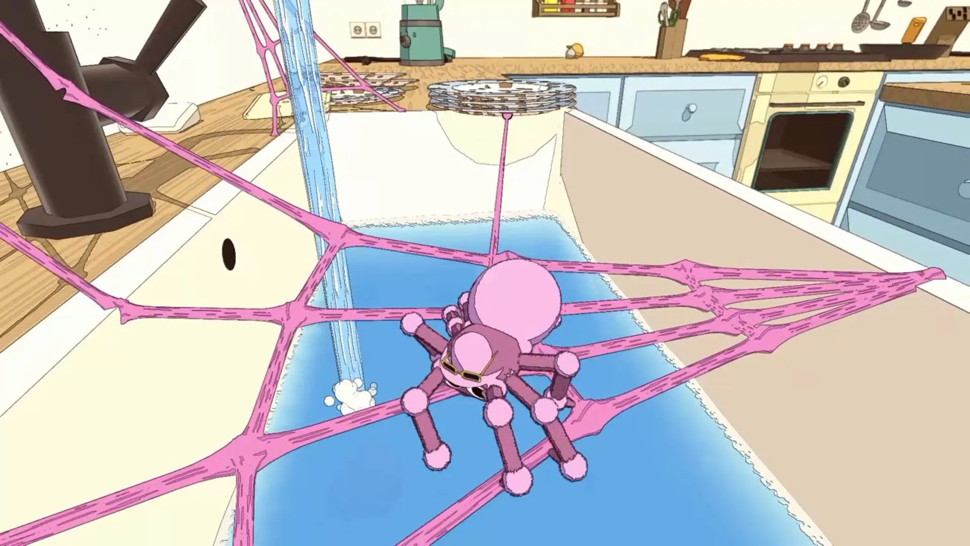 A Webbing Journey: Pink spider swings on web over kitchen sink with running water and countertop items