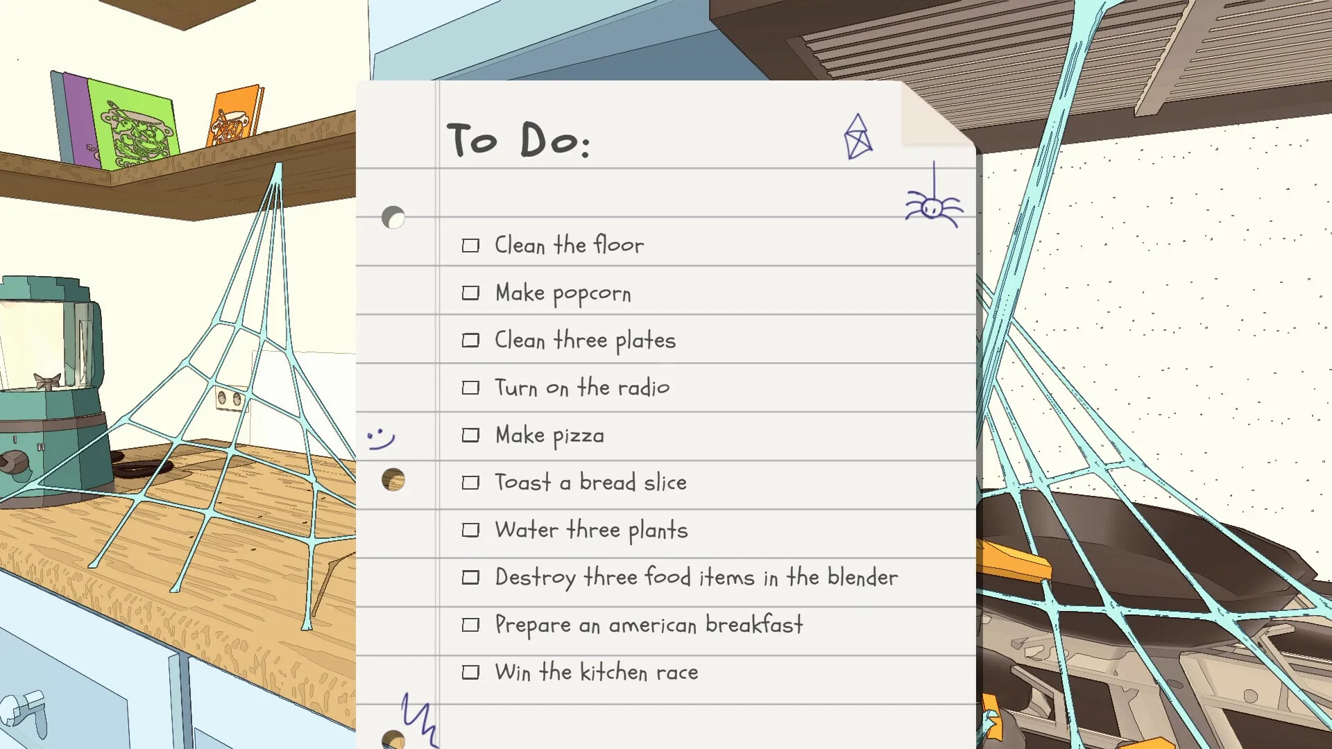 A Webbing Journey: To-do list on kitchen counter with webs and blender in cozy, animated room