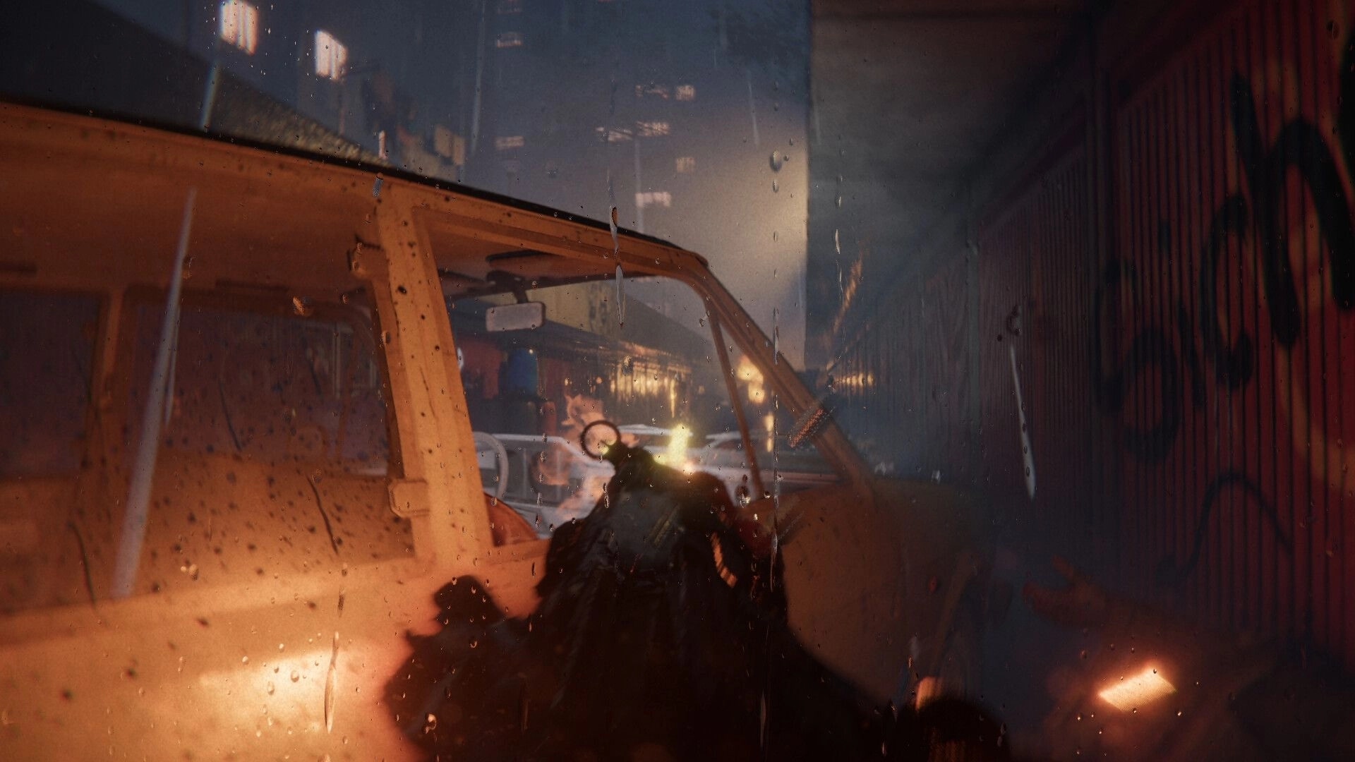 A.A.U. Black Site: Gunfire exchange through car window in rainy, dimly lit urban alleyway