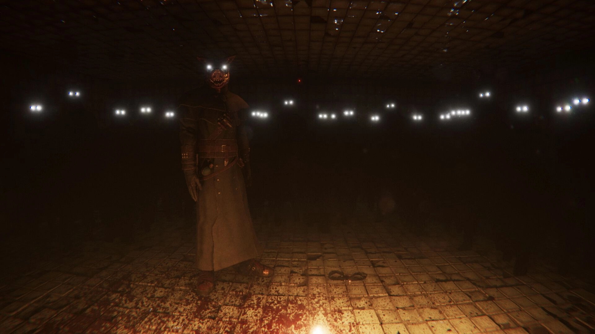 A.A.U. Black Site: Mysterious figure with glowing eyes in a dimly lit, eerie underground chamber