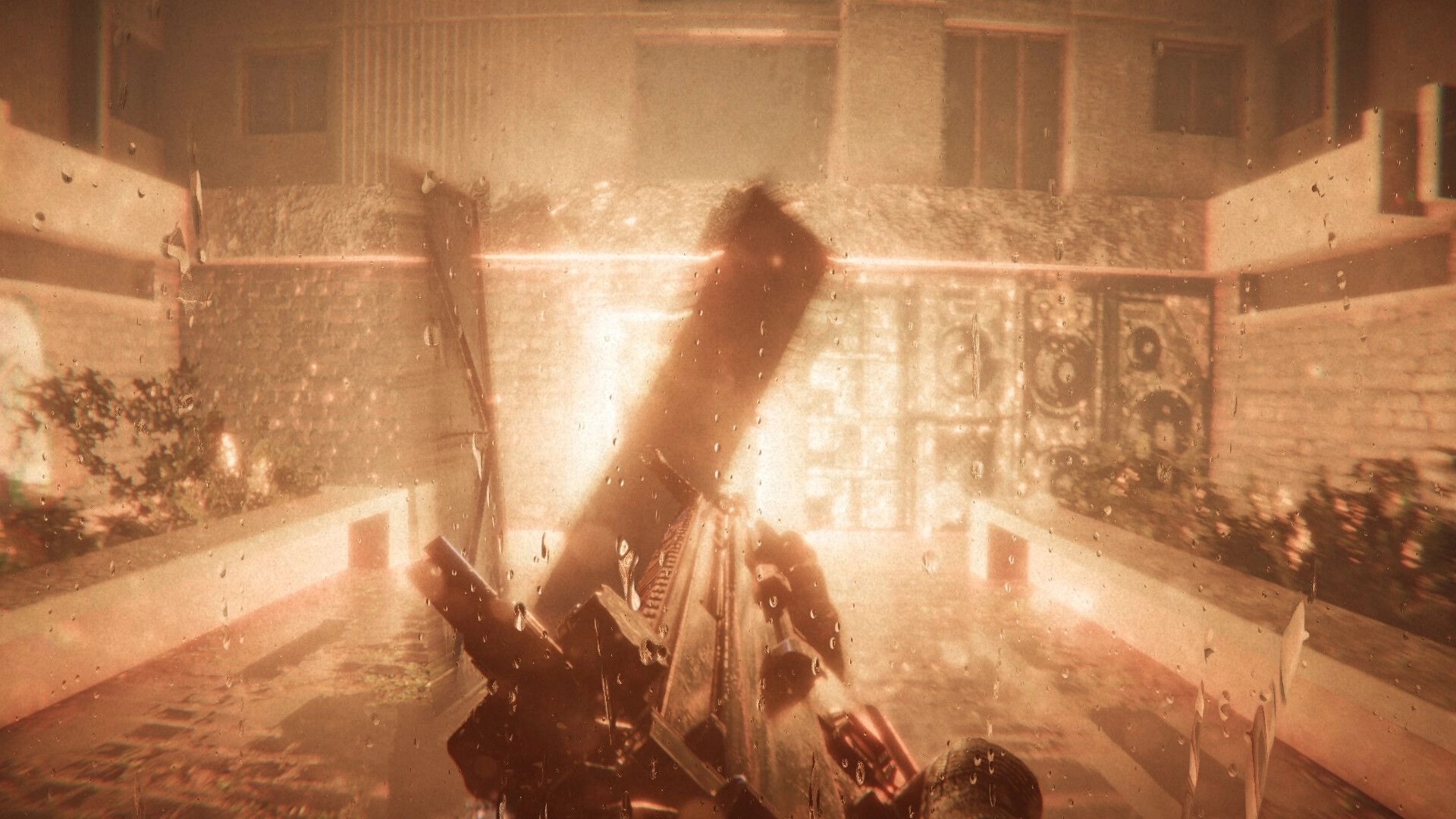 A.A.U. Black Site: Player aiming rifle with muzzle flash in a rain-soaked courtyard at night