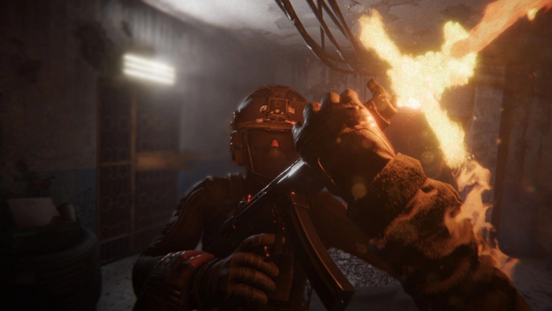 A.A.U. Black Site: Intense close combat with enemy soldier in dimly lit, abandoned building interior