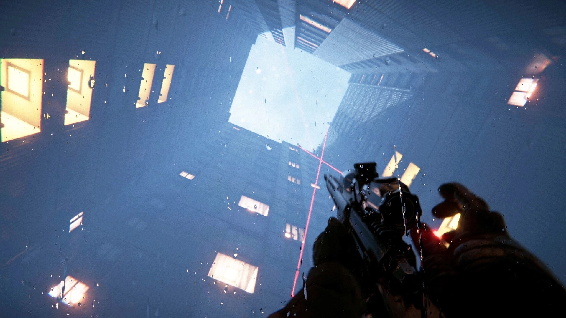 A.A.U. Black Site: Player aiming rifle upwards in a dimly lit, towering building courtyard