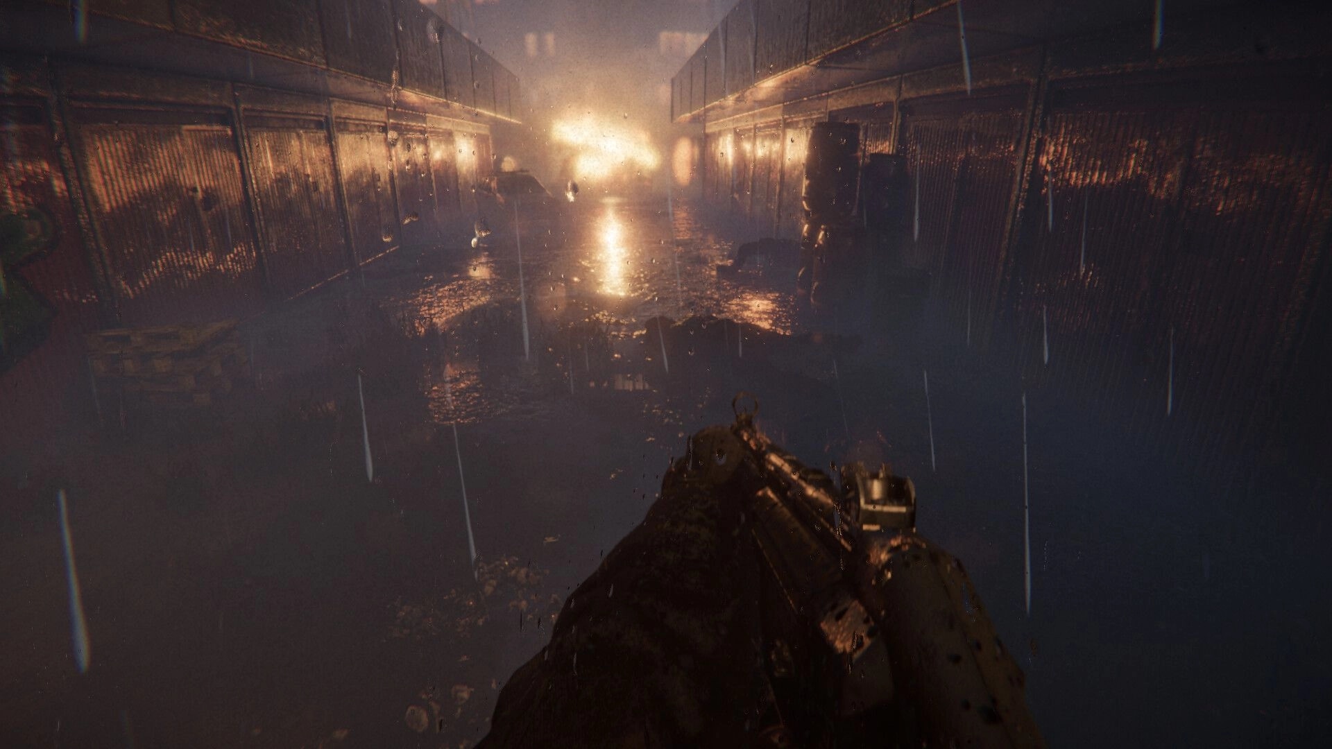 A.A.U. Black Site: First-person view with rifle in dimly lit, narrow hallway during rainstorm.