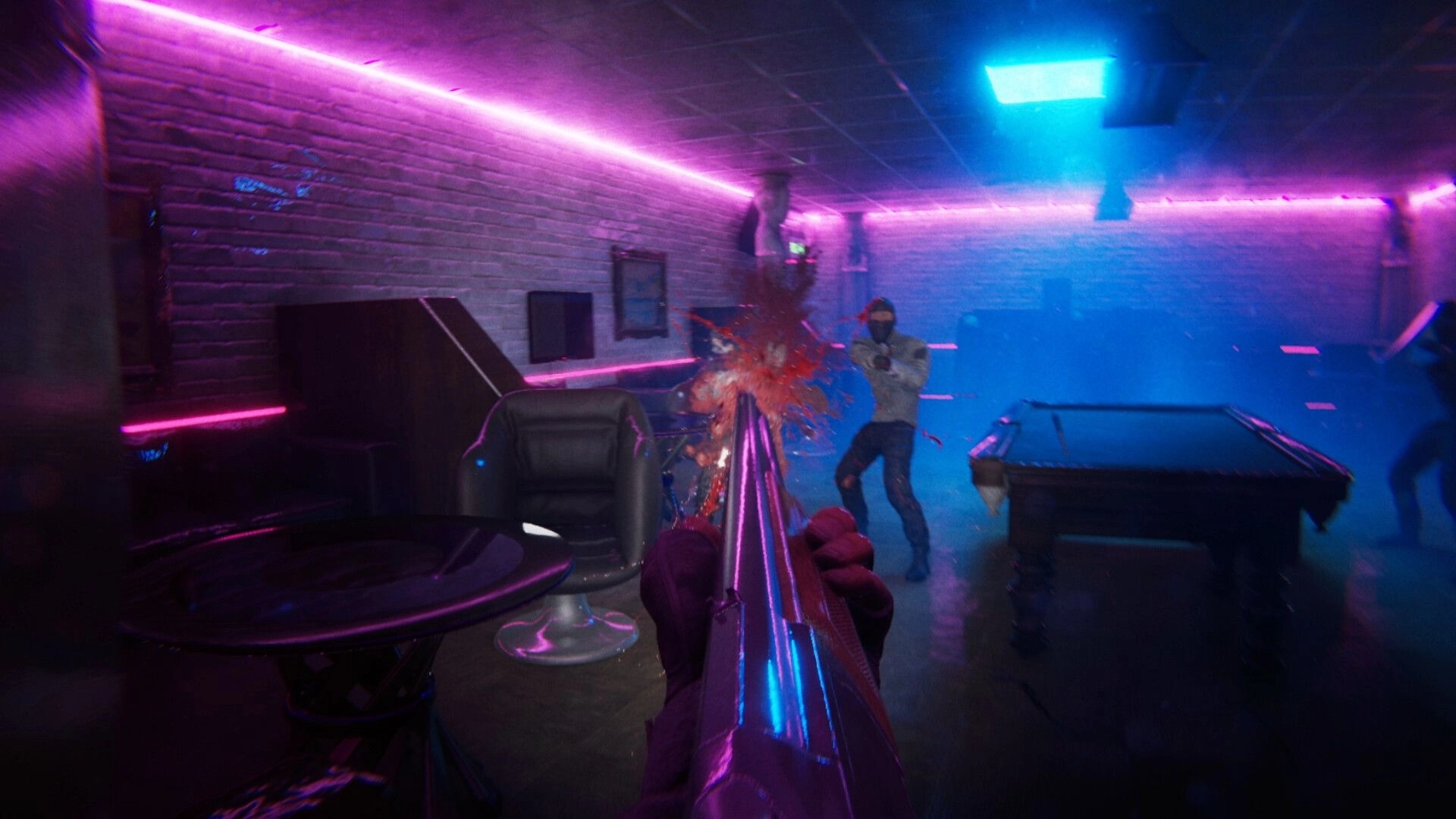 A.A.U. Black Site: First-person shooting in neon-lit room with enemies and pool table in view
