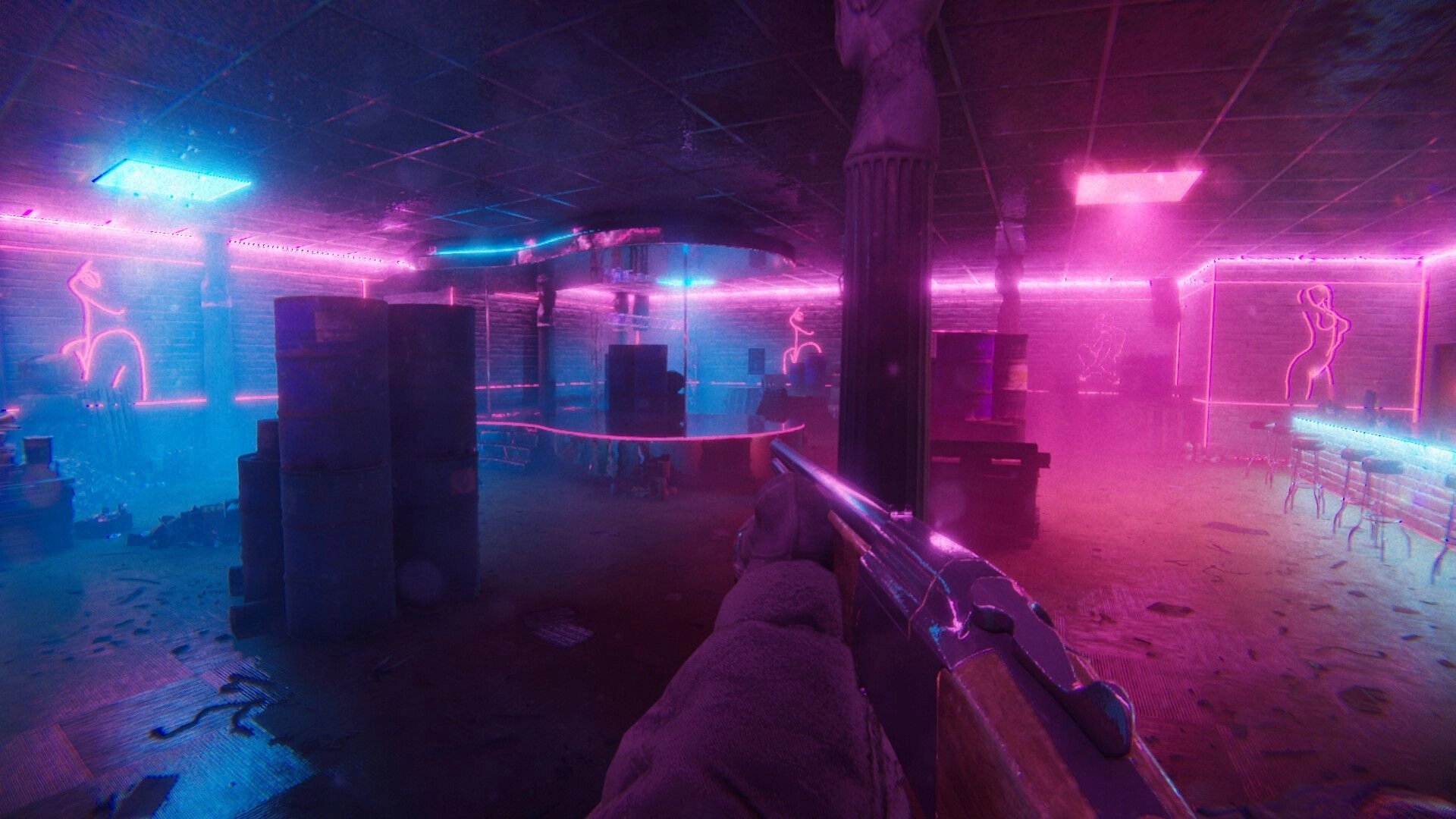 A.A.U. Black Site: First-person view aiming rifle in neon-lit nightclub with pink and blue lighting