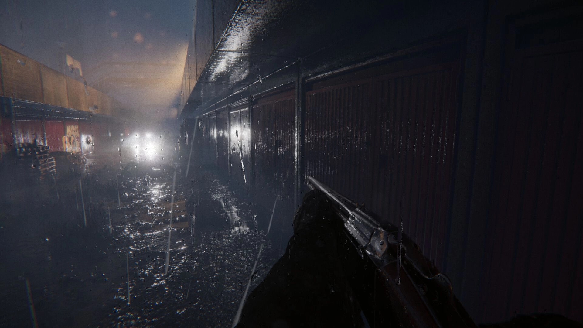 A.A.U. Black Site: First-person view of agent holding a weapon in a rainy, dimly lit alley.