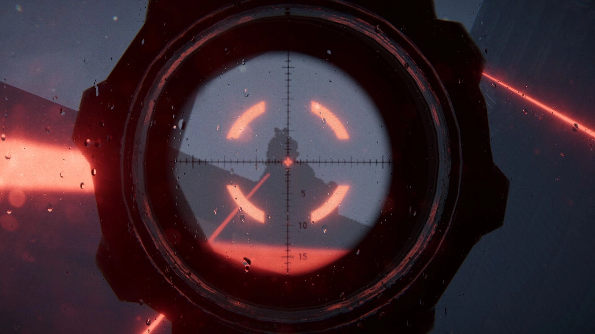 A.A.U. Black Site: View through sniper scope with illuminated reticle targeting distant silhouette